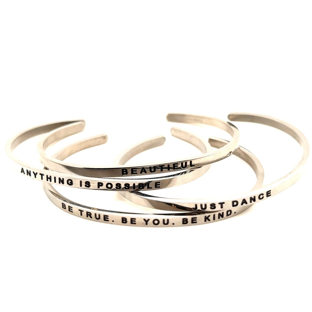 Inspirational Quote Silver Cuff Bracelet Set Stamped Motivational 4pc Stackable